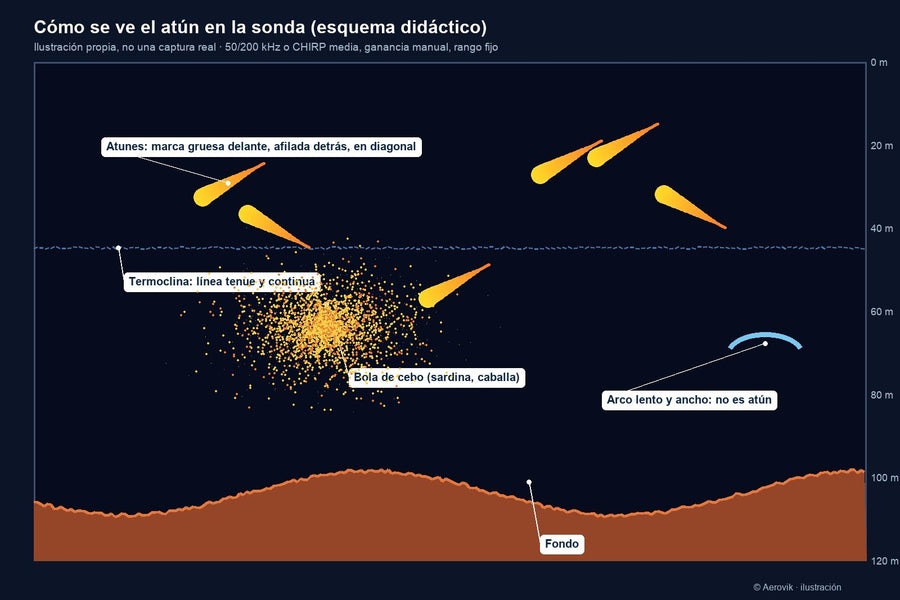 Esquema didáctico de marcas de atún, bola de cebo y termoclina en una sonda